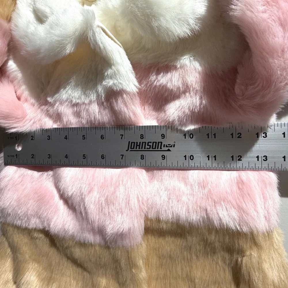Janie and Jack Kids Pink Tan Cream‎ Colorblock Faux Fur Coat Jacket Size 3-4
